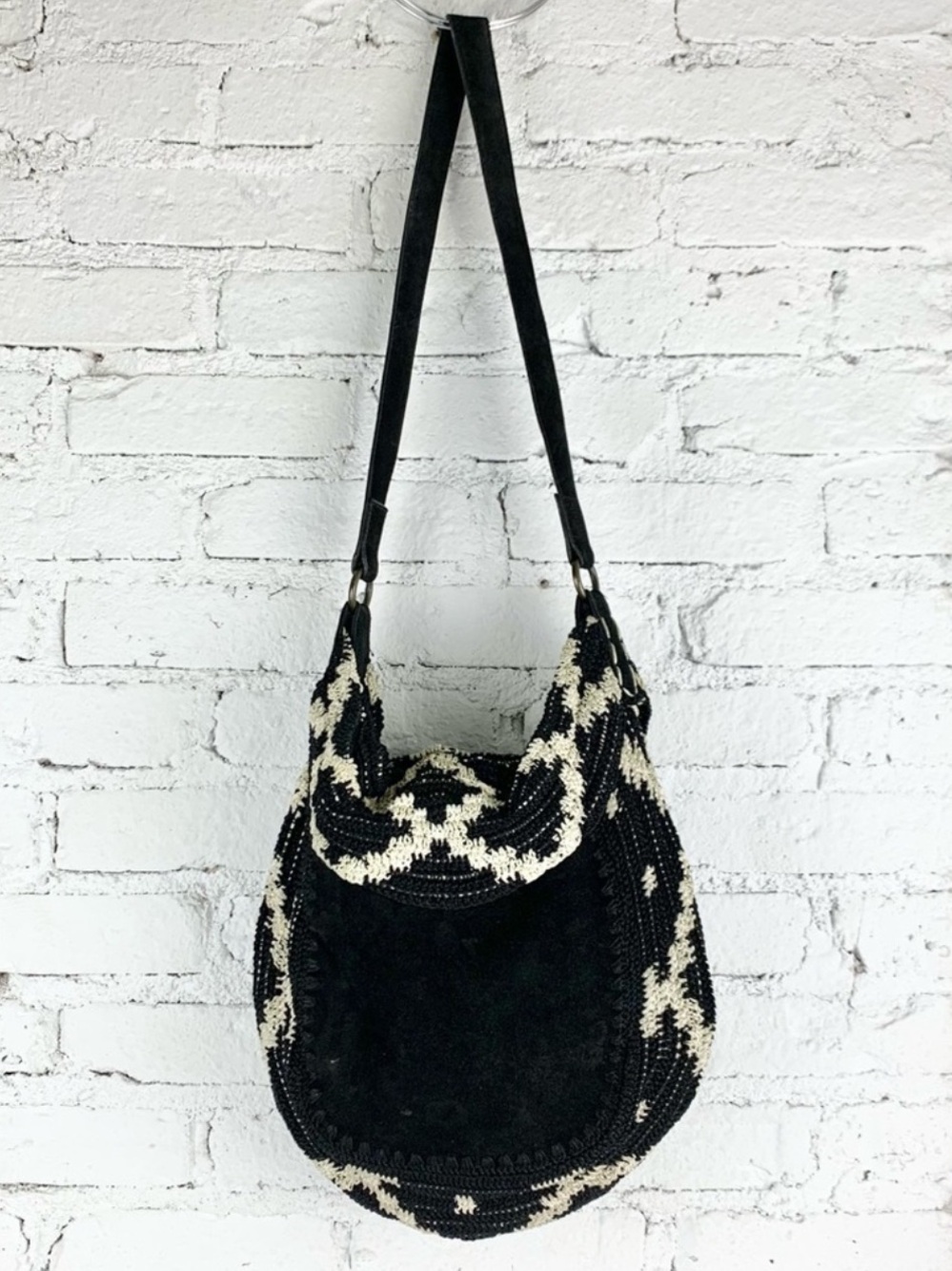 ANTHROPOLOGIE JASPER & JEERA Bohemian Crochet Leather Black Dauphine Hobo Purse
